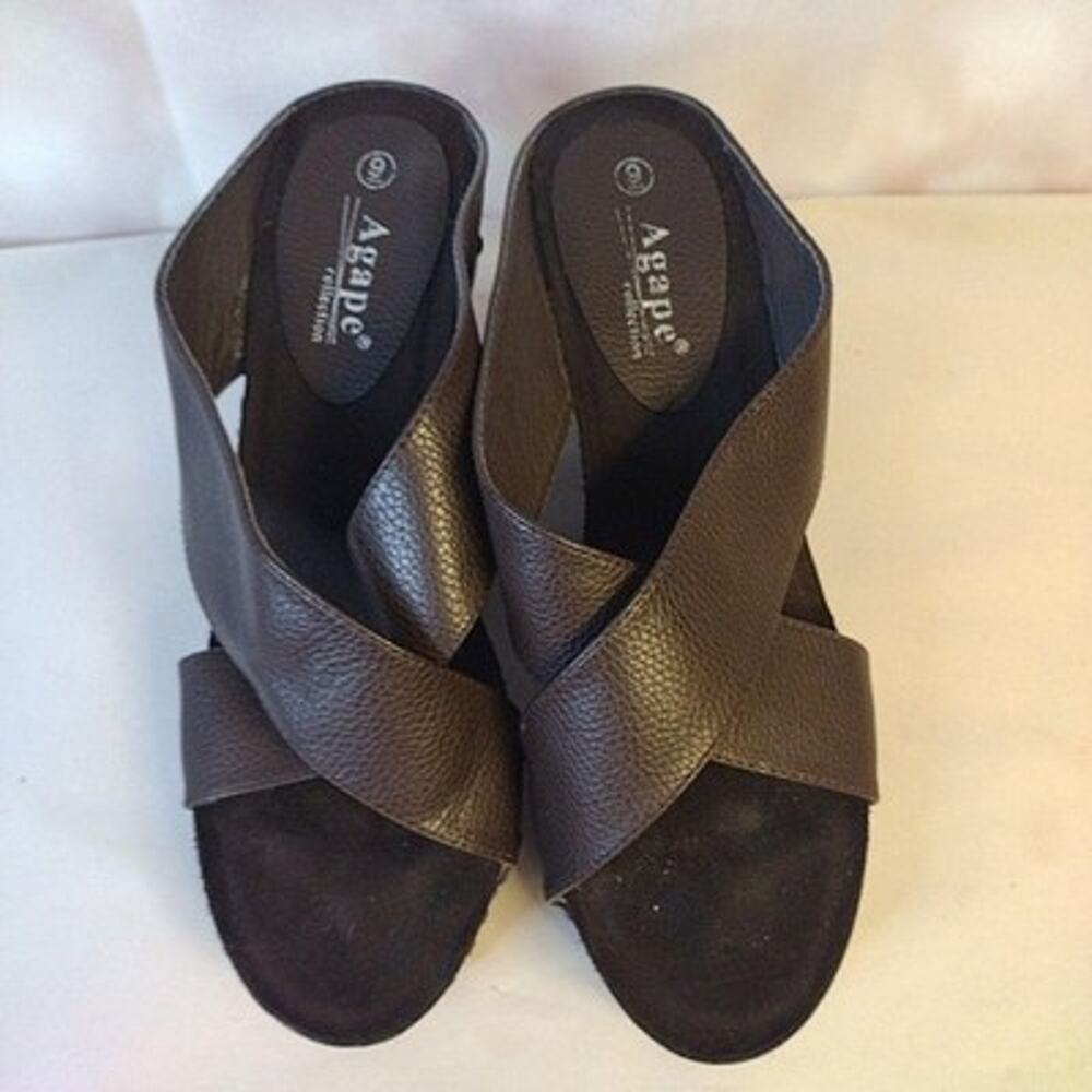 Agape Collection Sandals Womens Size 9 Brown Faux Leather Wedge Slide Platform